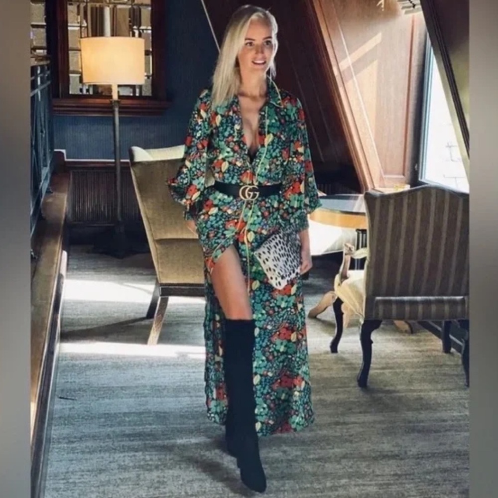 ALEXIS RED GREEN BLACK FLORAL PRINT COLLARED BUTTON UP HIROKA ROBE MAXI DRESS - Picture 14 of 16